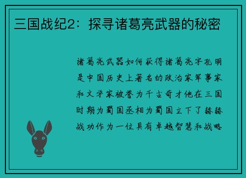 三国战纪2：探寻诸葛亮武器的秘密